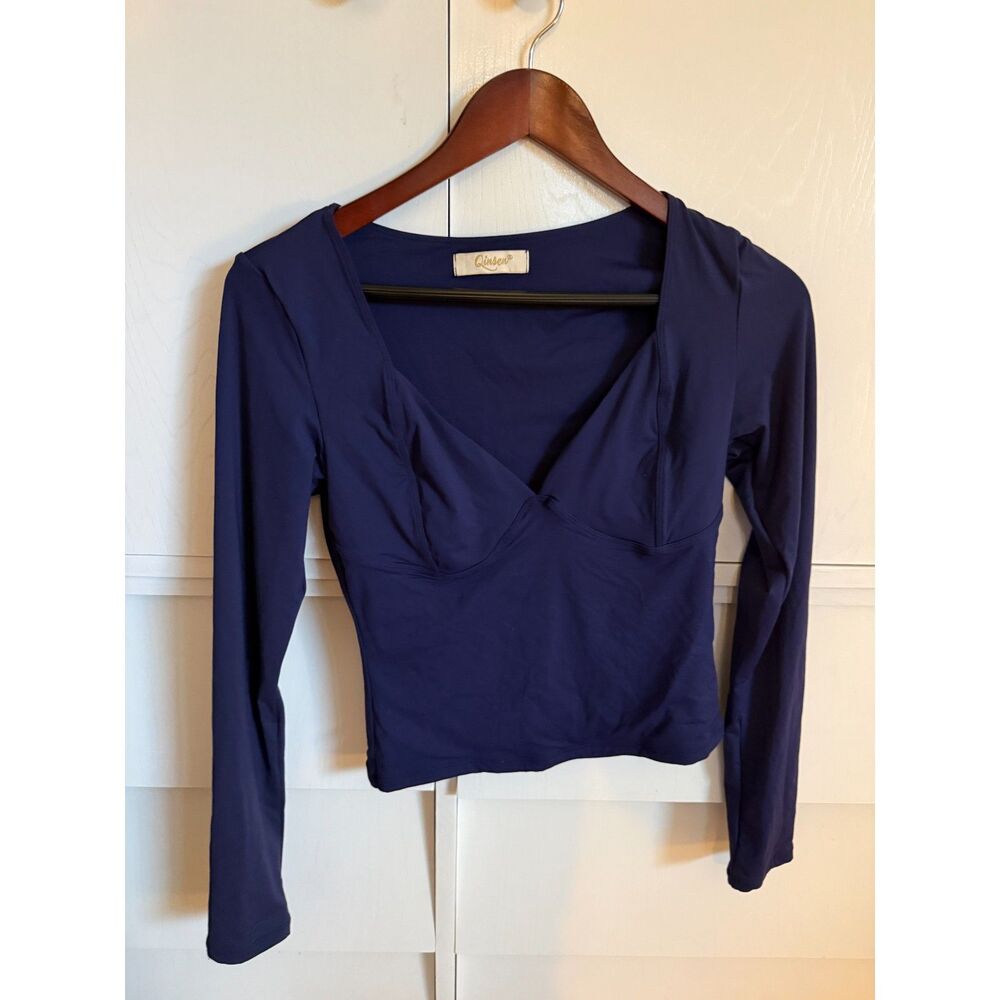 Qinsen Navy Seamless Deep Cut Long Sleeve